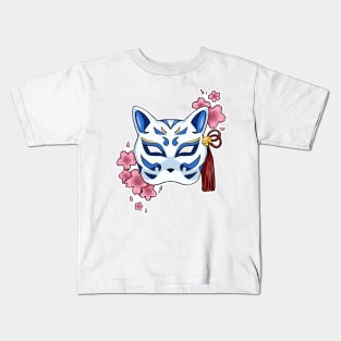 Cherry Blossom Fox Blue Mask - A Playful and Elegant Design Kids T-Shirt